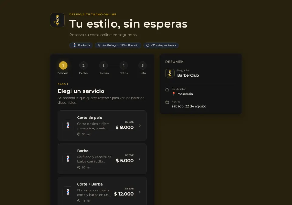 Vista previa de la página de reservas de Barbería