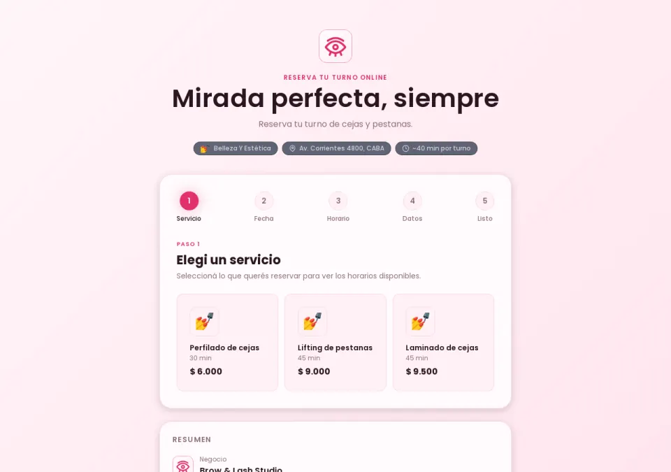 Vista previa de la página de reservas de Cejas / Pestañas