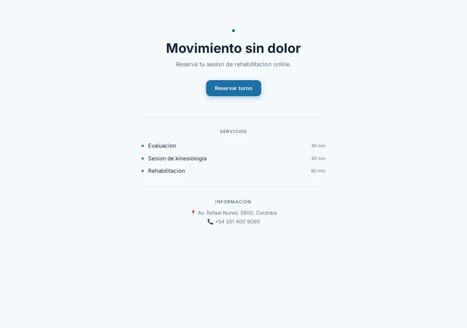 Vista previa de la página de reservas de Kinesiología