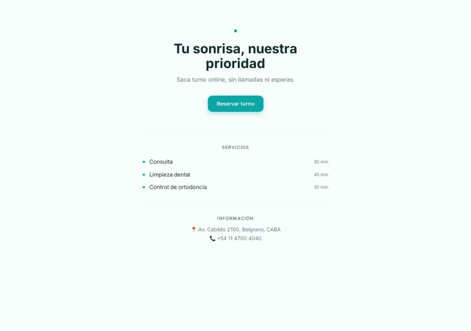 Vista previa de la página de reservas de Odontología