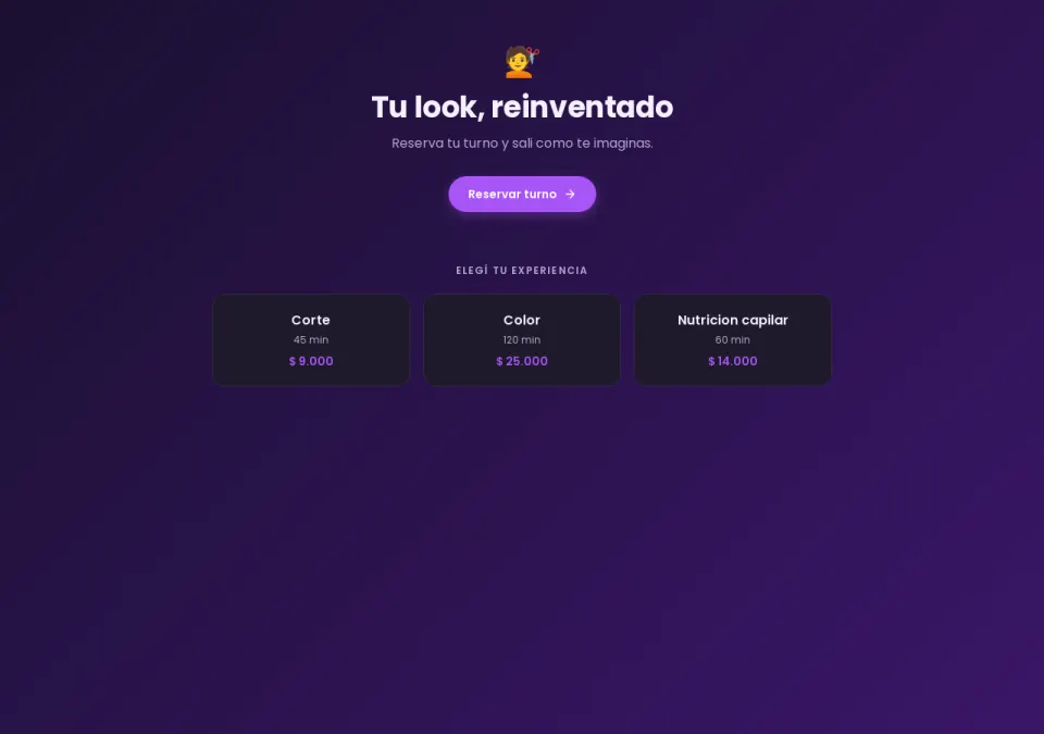 Vista previa de la página de reservas de Peluquería
