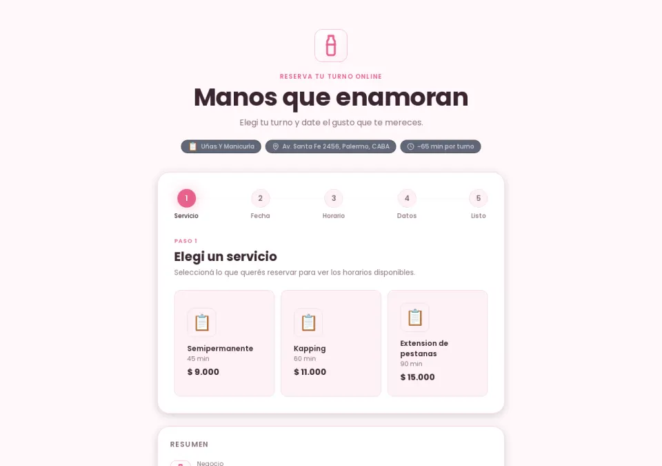 Vista previa de la página de reservas de Uñas / Estética