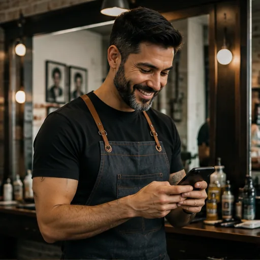 Barbero revisando los turnos del día desde su celular en la barbería