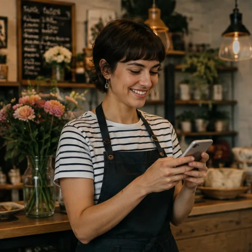 Dueña de un comercio atendiendo turnos reservados desde su celular