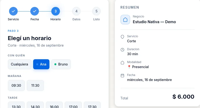 Paso de elegir horario en la reserva pública de MateTurnos, con los huecos disponibles del profesional elegido